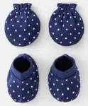 Babyhug 100% Cotton Knit Mittens & Booties Star Print - Blue