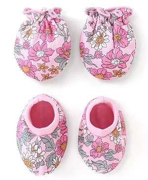 Babyhug 100% Cotton Knit Mittens & Booties Set Floral Print- Blue