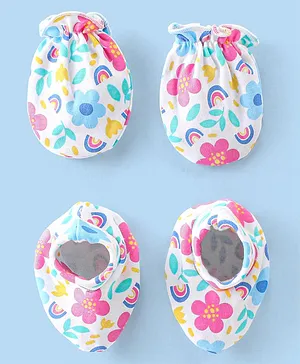 Babyhug 100% Cotton Knit Mittens & Booties With Jungle Print - White...