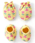 Babyhug 100% Cotton Knit Mittens and Booties With Heart Print - Yellow