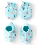 Babyhug 100% Cotton Knit Bird Print Mittens and Booties - Blue