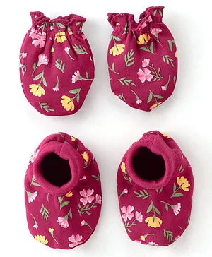 Babyhug 100% Cotton Mittens & Booties Set Plain Print - Yellow