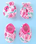 Babyhug Cotton Knit Floral Print Mittens & Booties - Pink