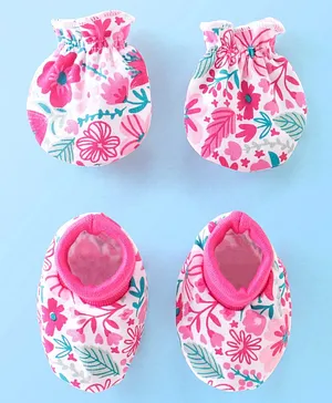 Babyhug Cotton Knit Floral Print Mittens & Booties - Pink