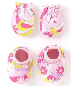 Babyhug 100% Cotton Mittens & Booties Set Animal Print - White