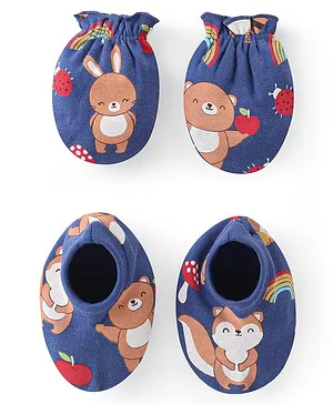 Babyhug 100% Cotton Knit Mittens & Booties Set with Car Print - Blue