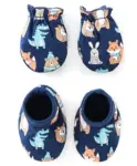 Babyhug 100% Cotton Knit Floral Printed Mittens & Booties - Navy...