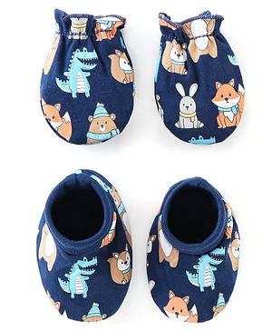 Babyhug 100% Cotton Knit Floral Printed Mittens & Booties - Navy...
