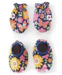 Babyhug 100% Cotton Knit Mitten & Booties Floral Print - Navy Blue
