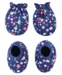 Babyhug 100% Cotton Mittens & Booties Set Floral Print - Navy Blue