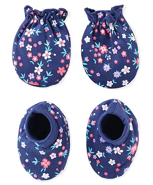 Babyhug 100% Cotton Mittens & Booties Set Floral Print - Navy Blue