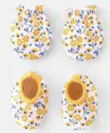 Babyhug 100% Cotton Knit Floral Printed Mittens & Booties -Pink