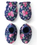 Babyhug 100% Cotton Mittens & Booties Floral Print - Navy Blue