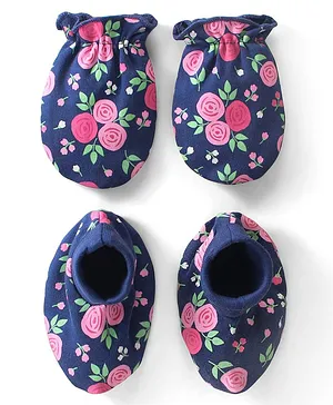 Babyhug 100% Cotton Mittens & Booties Floral Print - Navy Blue