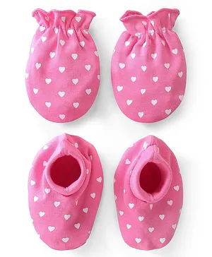 Babyhug 100% Cotton Mittens & Booties Heart Print - Pink