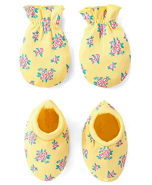 Babyhug 100% Cotton Knit Mittens & Booties Set Floral Print - Red