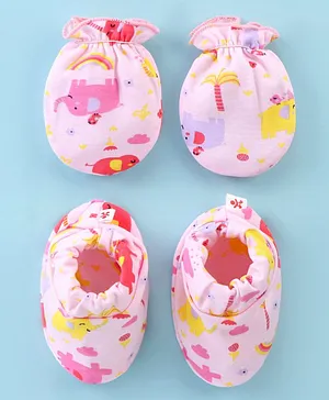 Babyhug 100% Cotton Knit Mittens & Booties Floral Print - Blue