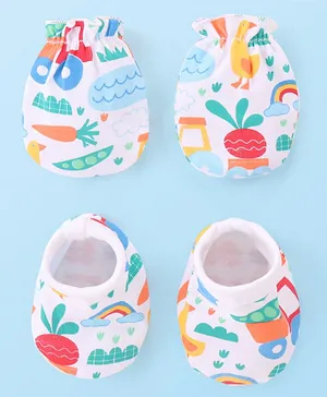 Babyhug 100% Cotton Knit Floral Print Mittens & Booties - Green