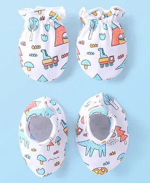 Babyhug 100% Cotton Knit Mittens & Booties Set Owl Print - Blue