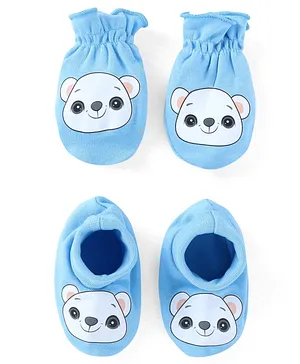 Babyhug 100% Cotton Knit Mittens & Booties Bear Print - Blue