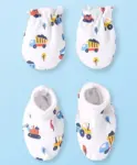 Babyhug 100% Cotton Knit Mittens & Booties Set with Vehicle Print -...