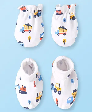 Babyhug 100% Cotton Knit Mittens & Booties Set with Vehicle Print -...