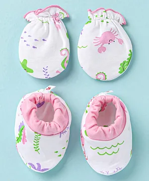 Babyhug 100% Cotton Knit Mittens and Booties With Floral Print - White