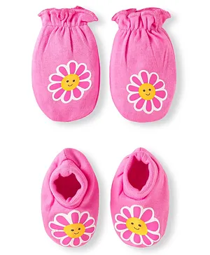 Babyhug 100% Cotton Knit Mittens & Booties Set Floral Print- White