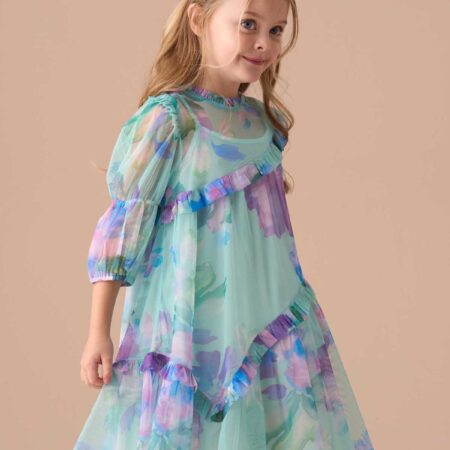 Beatrice Blue Mesh Asymmetric Frill Dress